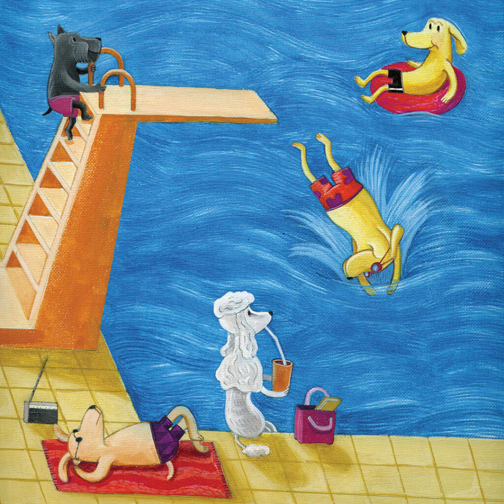 Briceno, Children, Illustration, Pool, Dogs