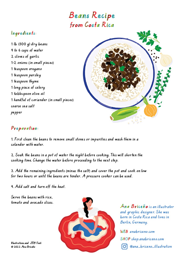 Recipe, Costa Rica, Beans, free download, Gallopinto, High protein, Illustrator, Ana Briceno, healthy recipe