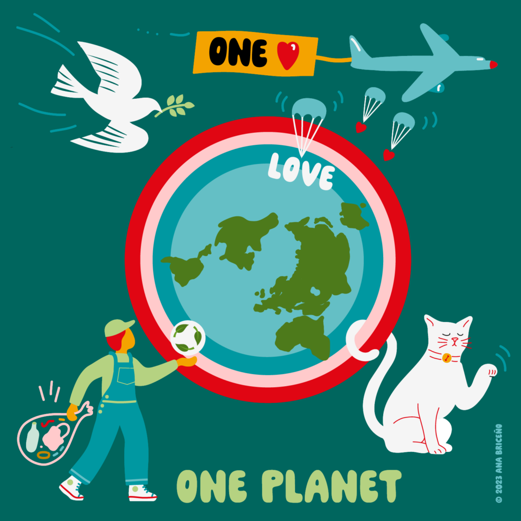 One Love, One Planet is a design to draw attention to the topics of peace, diversity, sustainability and the importance to taking care of our planet.