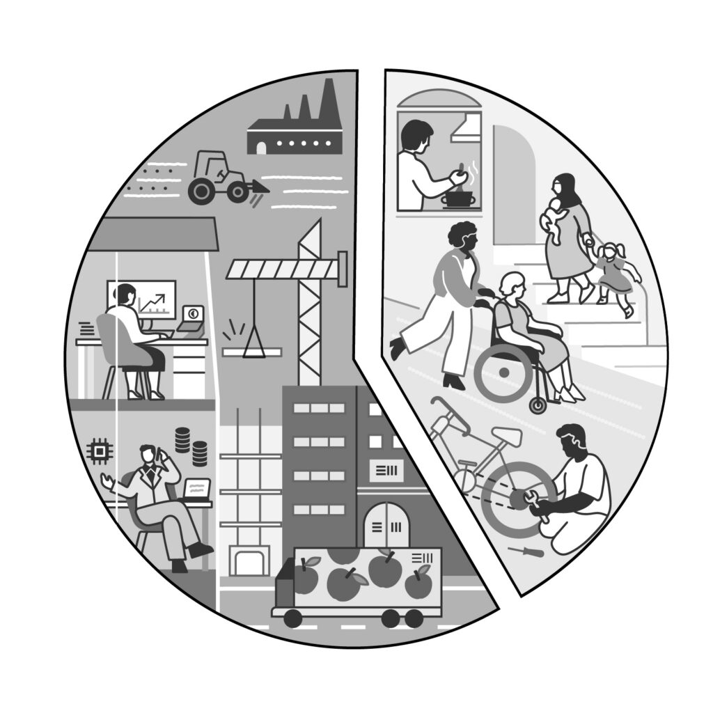 Erstveröffentlichung der Illustrationen/ Diagramme/Infografiken in: Feline Tecklenburg Das Wir in Wirtschaft. Wer Care-Arbeit aufwertet, sichert Wohlstand und Demokratie ©Aufbau Verlag GmbH & Co. KG, Berlin 2026 www.aufbau-verlag.de Illustrationen von © Ana Briceño